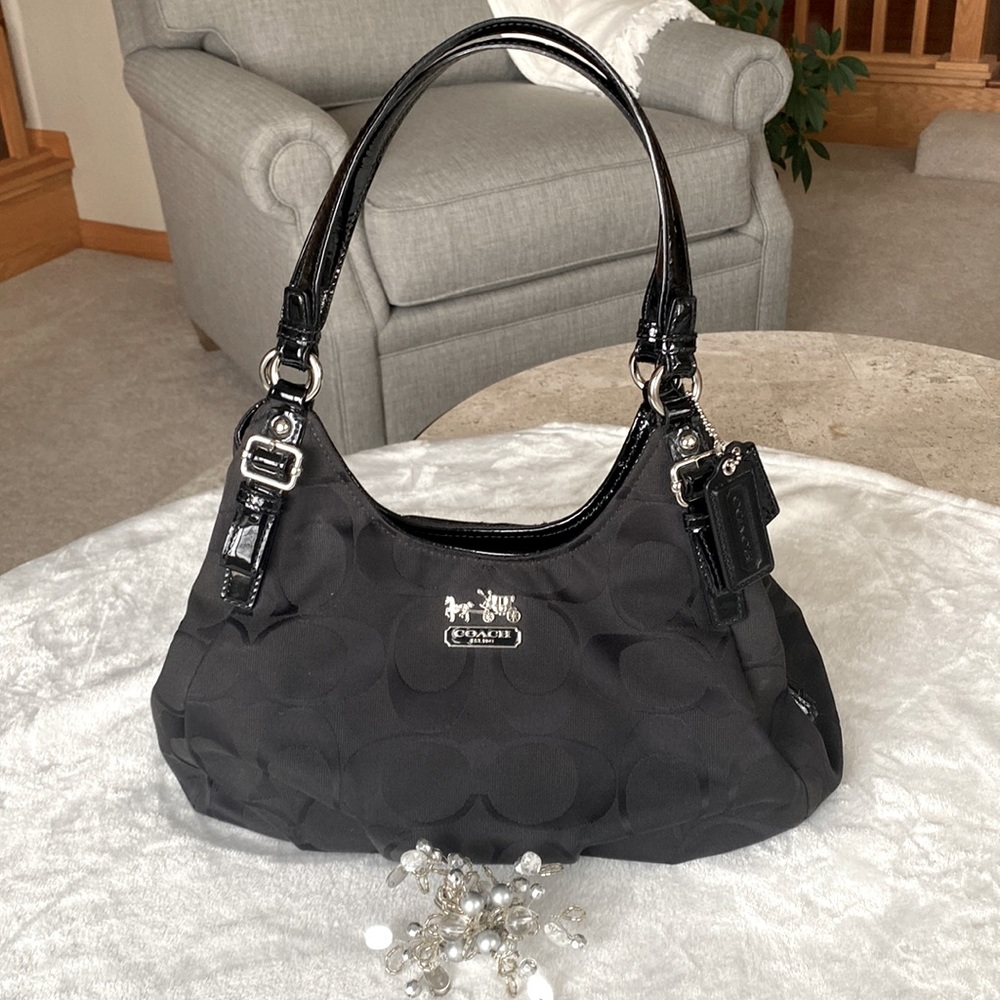 Signature Coach black letter shoulder purse with vinyl straps